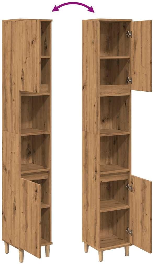 Tall Bathroom Cabinet 6 Compartment 2 Door Oak Unit