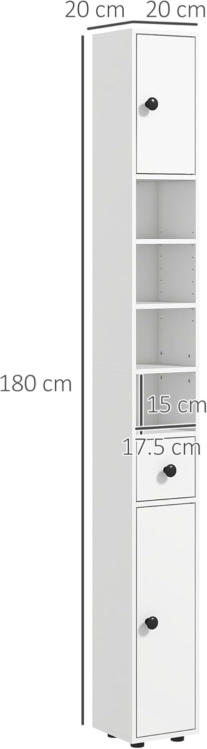 180cm Slim Bathroom Storage Cabinet 4 Shelves 2 Doors White