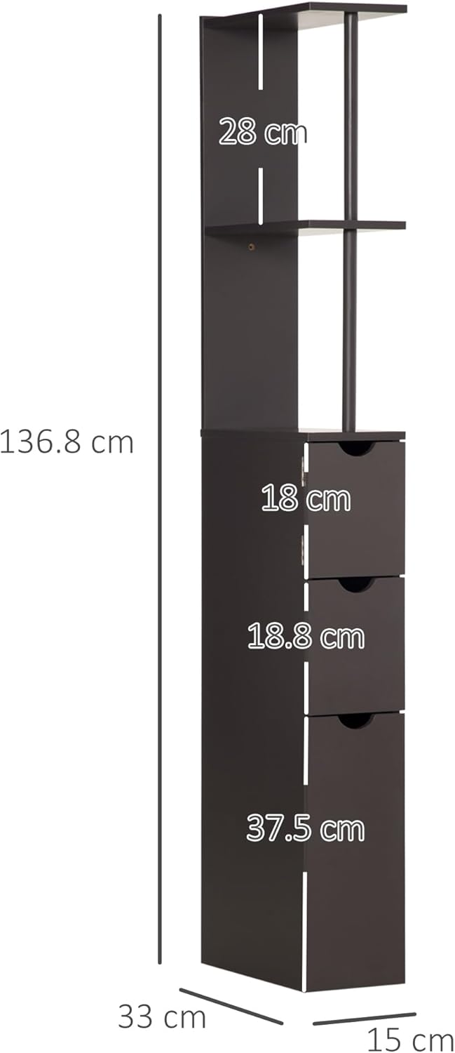Slim Tall Bathroom Storage Cabinet 2 Drawers Shelves Brown