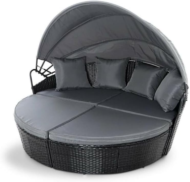 Round Rattan Daybed Set with Canopy Cushions Black
