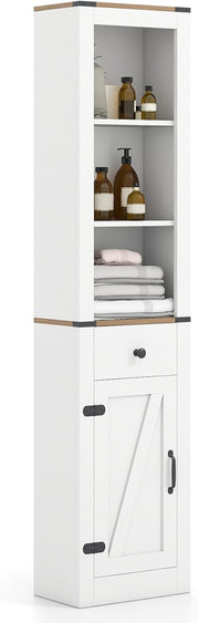 Farmhouse Tall Bathroom Cabinet Drawer Shelf Unit White Brown
