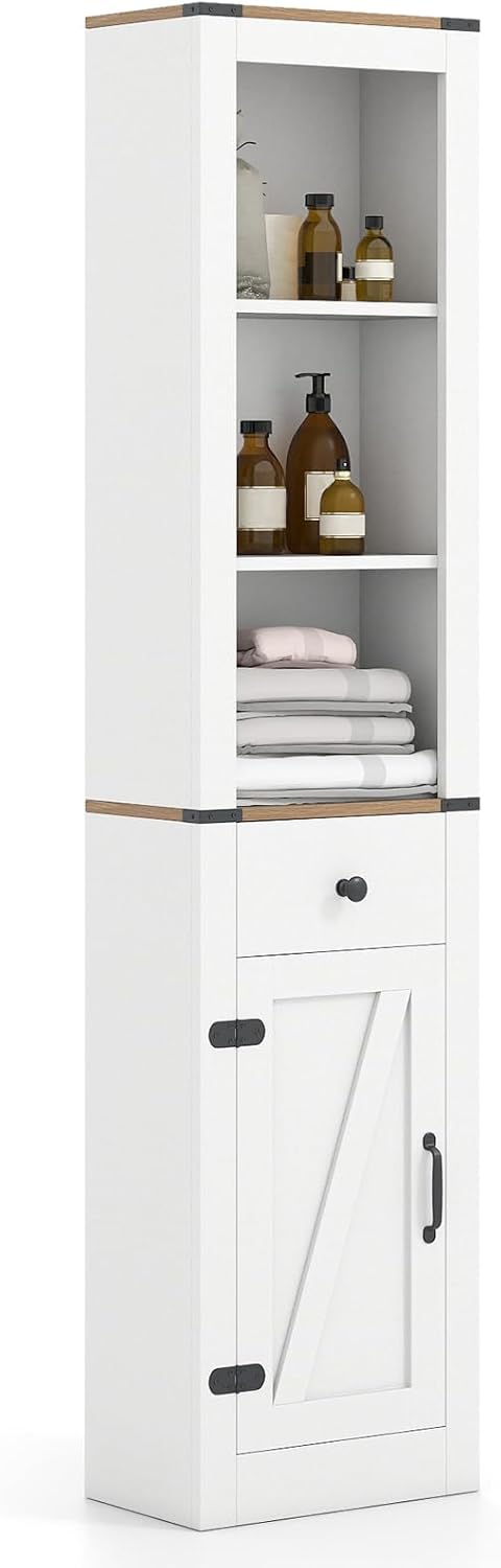 Farmhouse Tall Bathroom Cabinet Drawer Shelf Unit White Brown