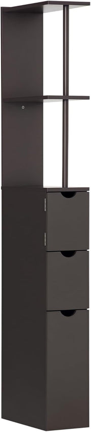 Slim Tall Bathroom Storage Cabinet 2 Drawers Shelves Brown