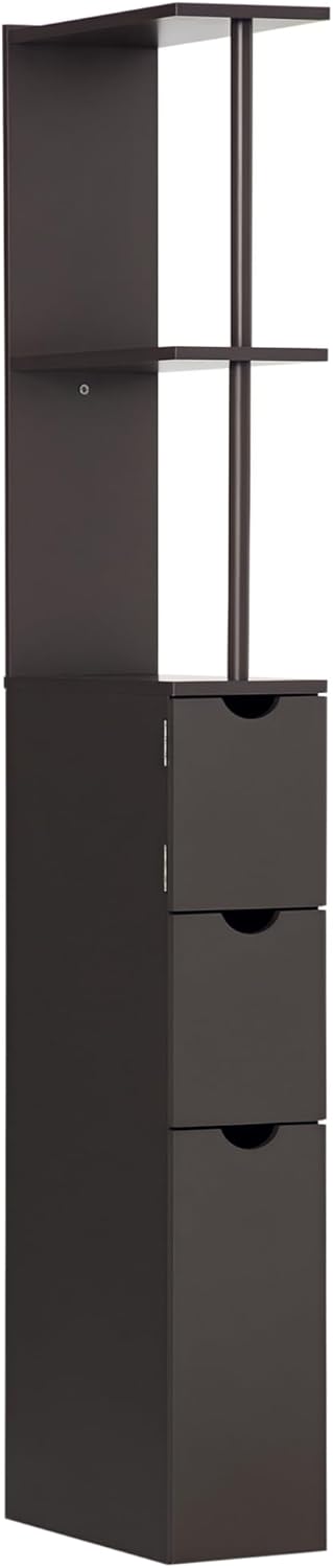 Slim Tall Bathroom Storage Cabinet 2 Drawers Shelves Brown