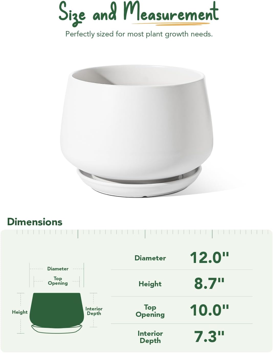 30cm White Ceramic Plant Pot Large Planter with Drainage Saucer