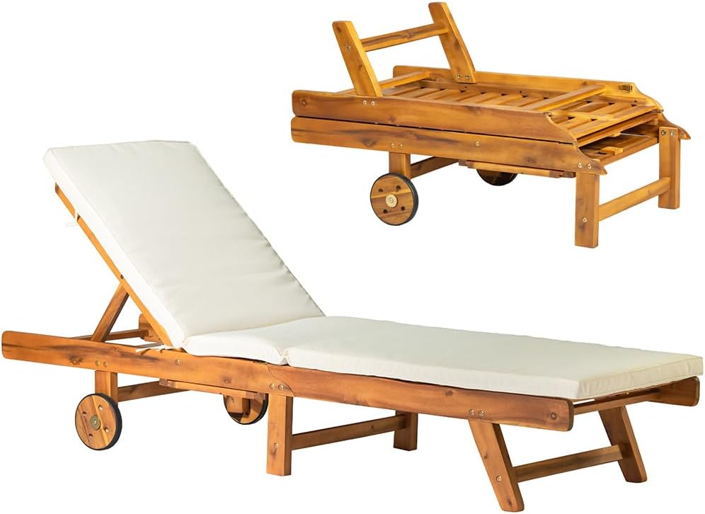Acacia Wood Sun Lounger Recliner Chair with Wheels Cushion