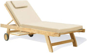 Teak Wooden Sun Lounger Recliner with Cushion Tray Wheels