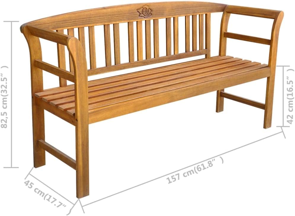 3 Seater Acacia Wood Garden Bench Rose Engraved Patio Seat 157cm