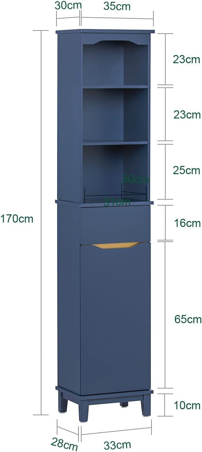 Navy Blue Tall Slim Bathroom Cabinet Shelves Drawer Unit