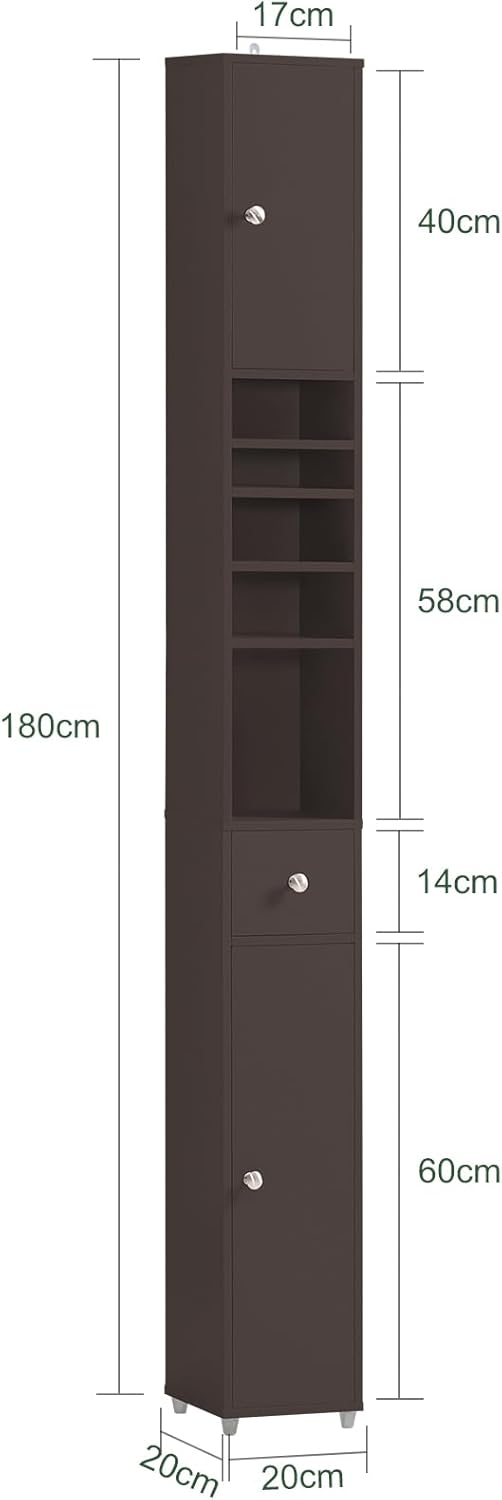 Slim Tall Bathroom Cabinet Brown Drawer Shelves 180cm 20cm