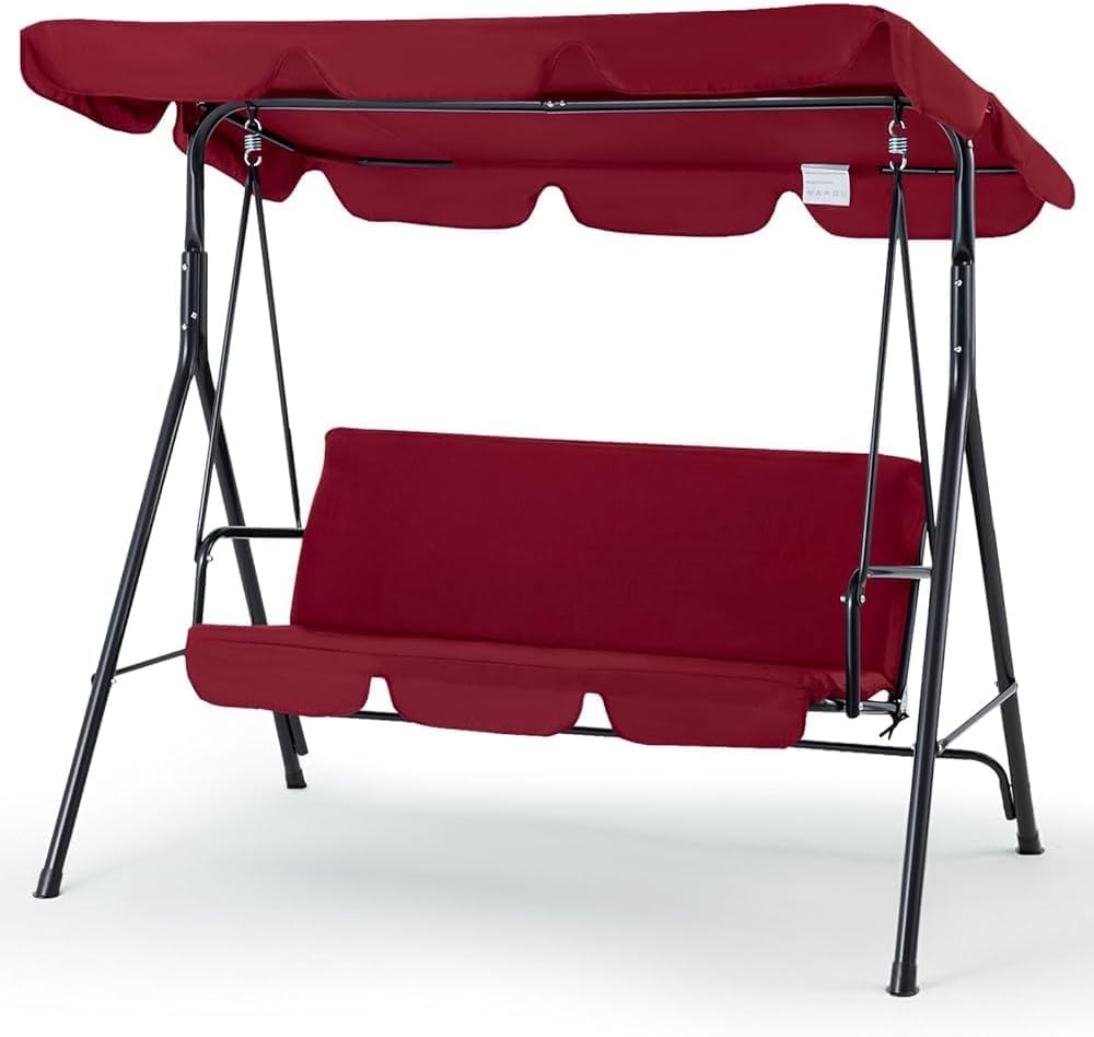 3 Seater Patio Swing Bench Red Canopy Cushion Steel Frame