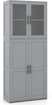 Tall Storage Cabinet Grey Glass Door Hook Shelf Unit