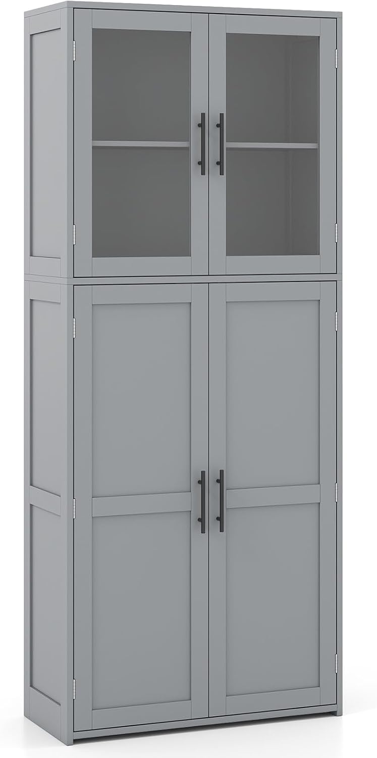 Tall Storage Cabinet Grey Glass Door Hook Shelf Unit