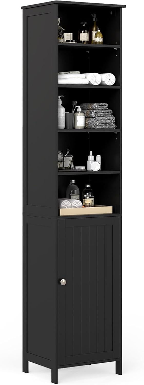 Slim Tall Bathroom Storage Cabinet 5 Shelf Cupboard Black