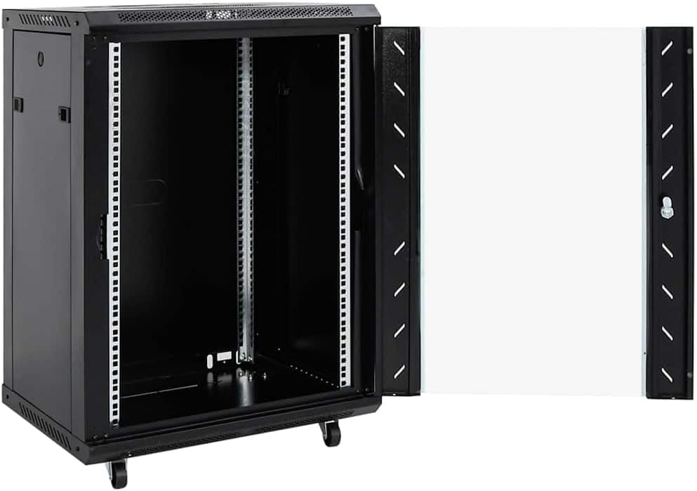 15U Network Cabinet Server Rack Glass Door Steel Black