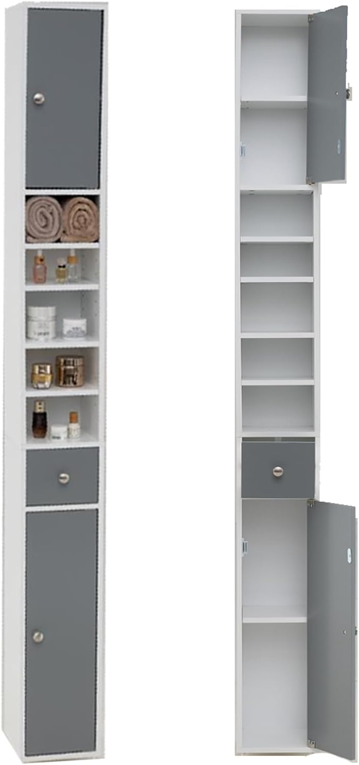 Tall Slim Bathroom Storage Cabinet Drawer Shelves Grey White
