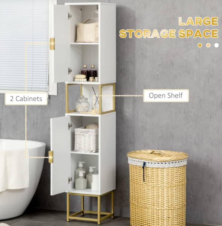 Tall Bathroom Storage Cabinet White Gold Slim Shelf Unit