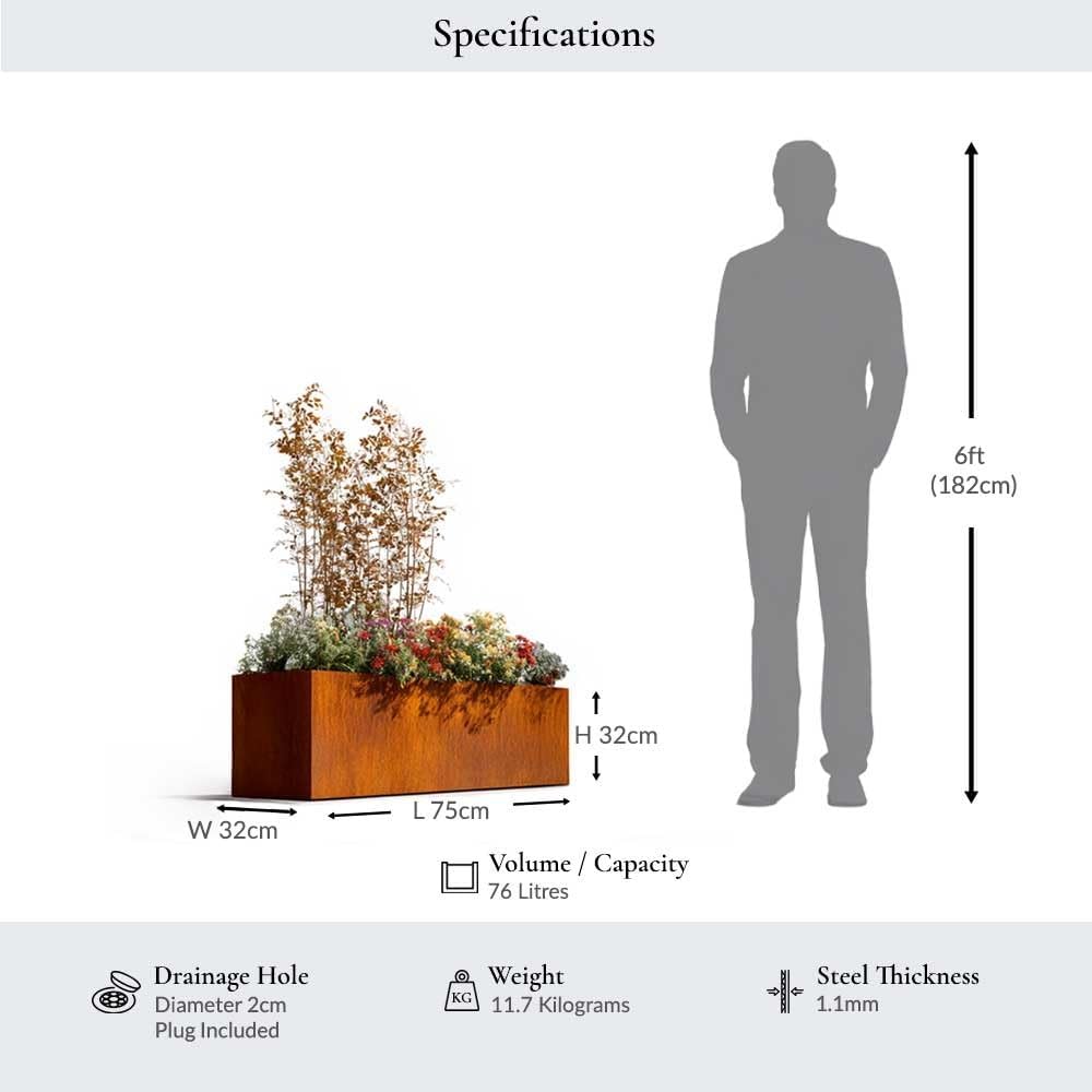 Corten Steel Trough Planter Rust Finish Garden Box 75cm