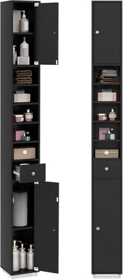 Tall Slim Bathroom Storage Cabinet Drawer Adjustable Shelves Black