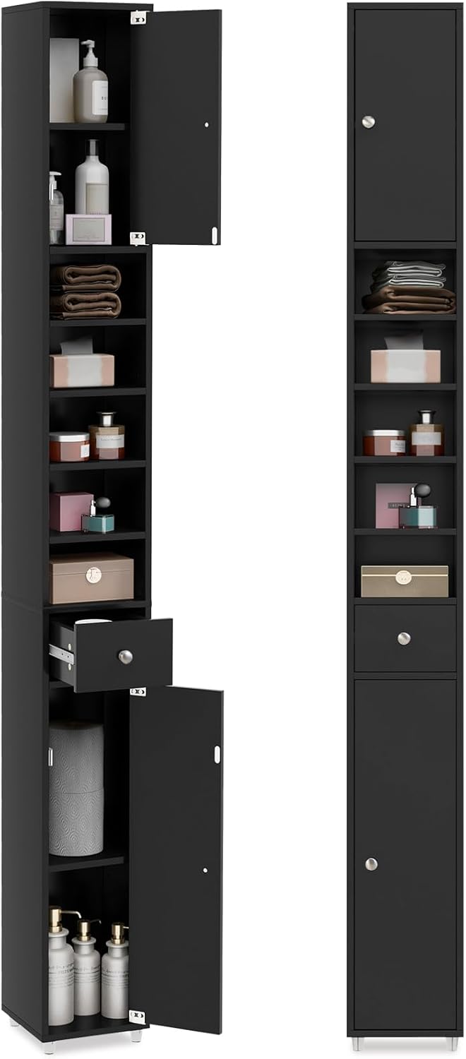 Tall Slim Bathroom Storage Cabinet Drawer Adjustable Shelves Black