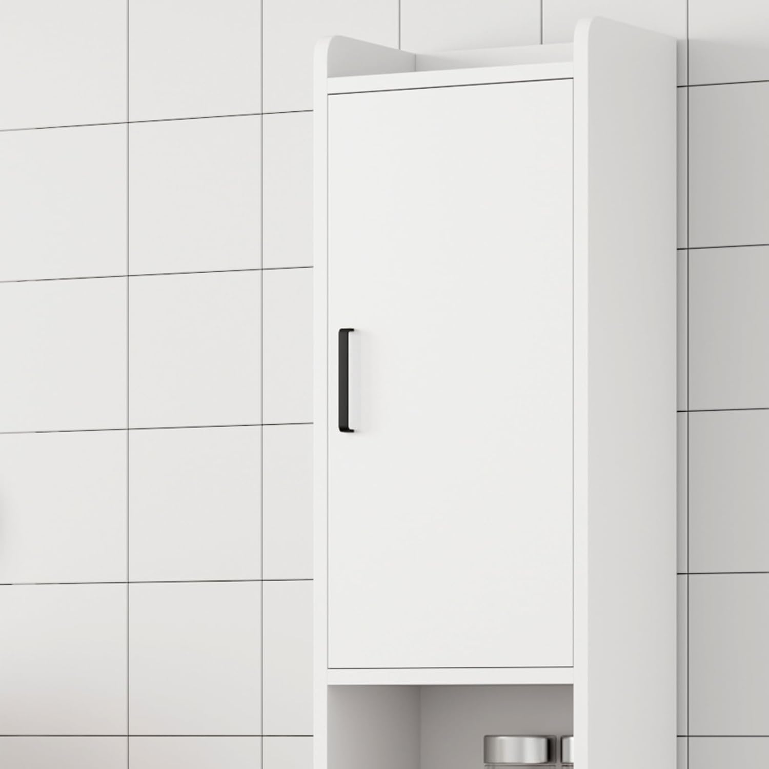 Tall Slim Bathroom Storage Cabinet 2 Doors Open Shelves White