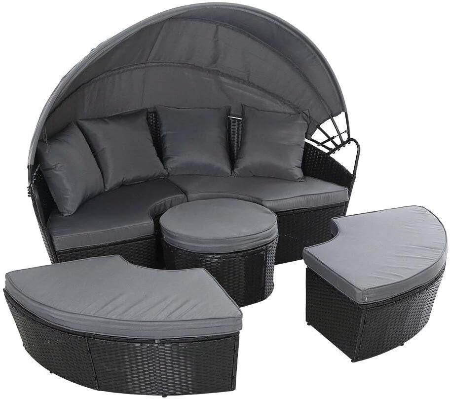 5 Piece Rattan Daybed Set Round Sofa Canopy Black