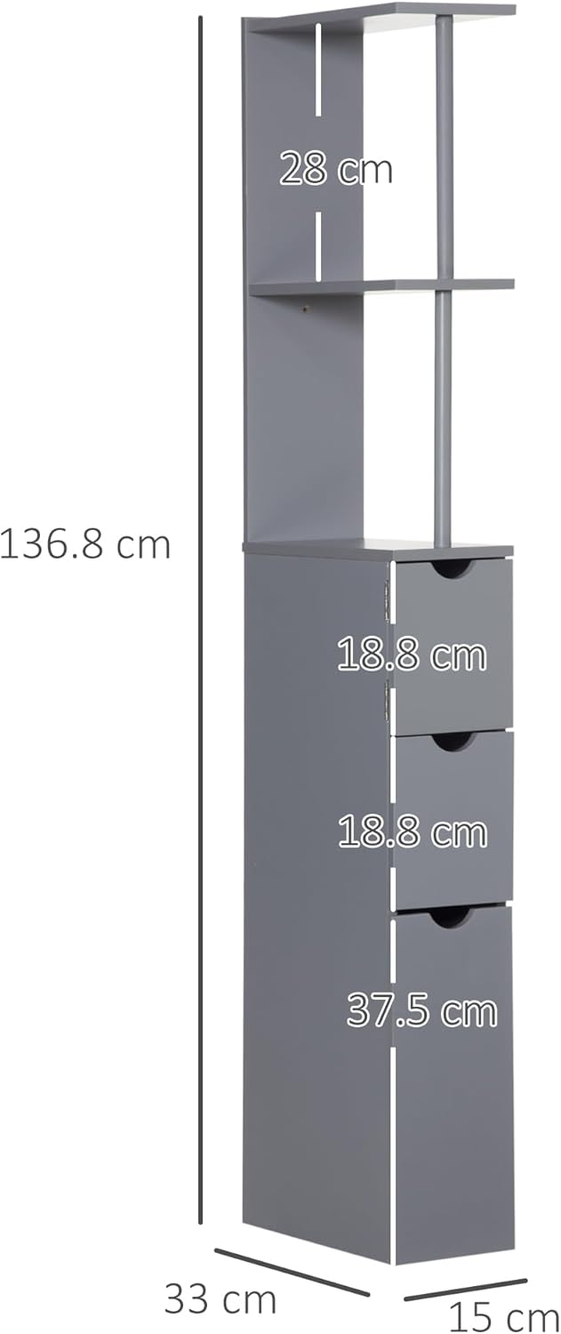 Slim Tall Bathroom Cabinet Grey 2 Drawers 5 Tier 136cm