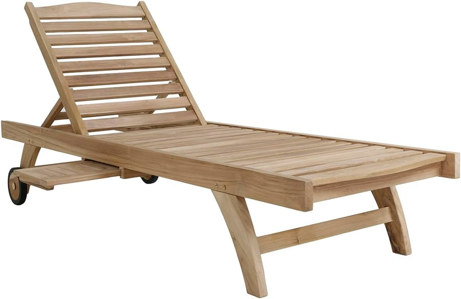 Teak Sun Lounger Wooden Recliner with Wheels Table