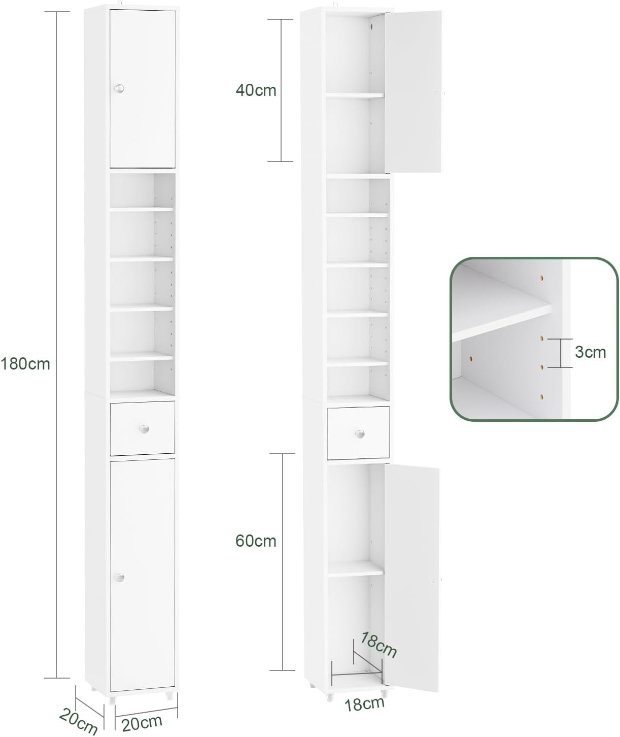 Tall Slim Bathroom Storage Cabinet 20cm Wide Drawer White 180cm