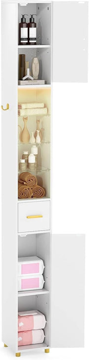 Tall Slim Storage Cabinet White LED Shelf Hook Unit