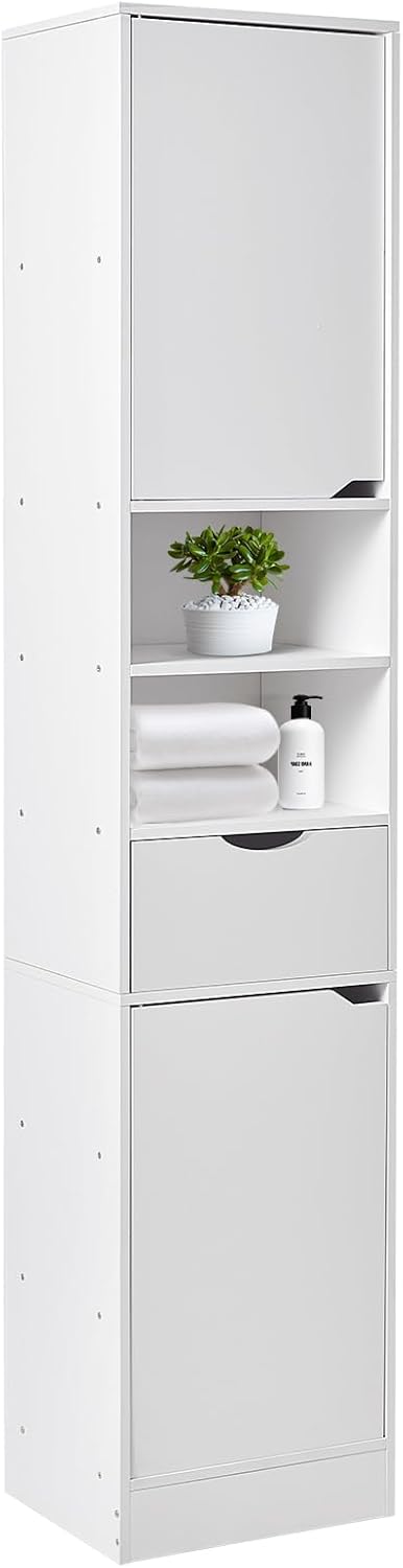 Tall Bathroom Cabinet White 8 Shelf 2 Door Storage Unit