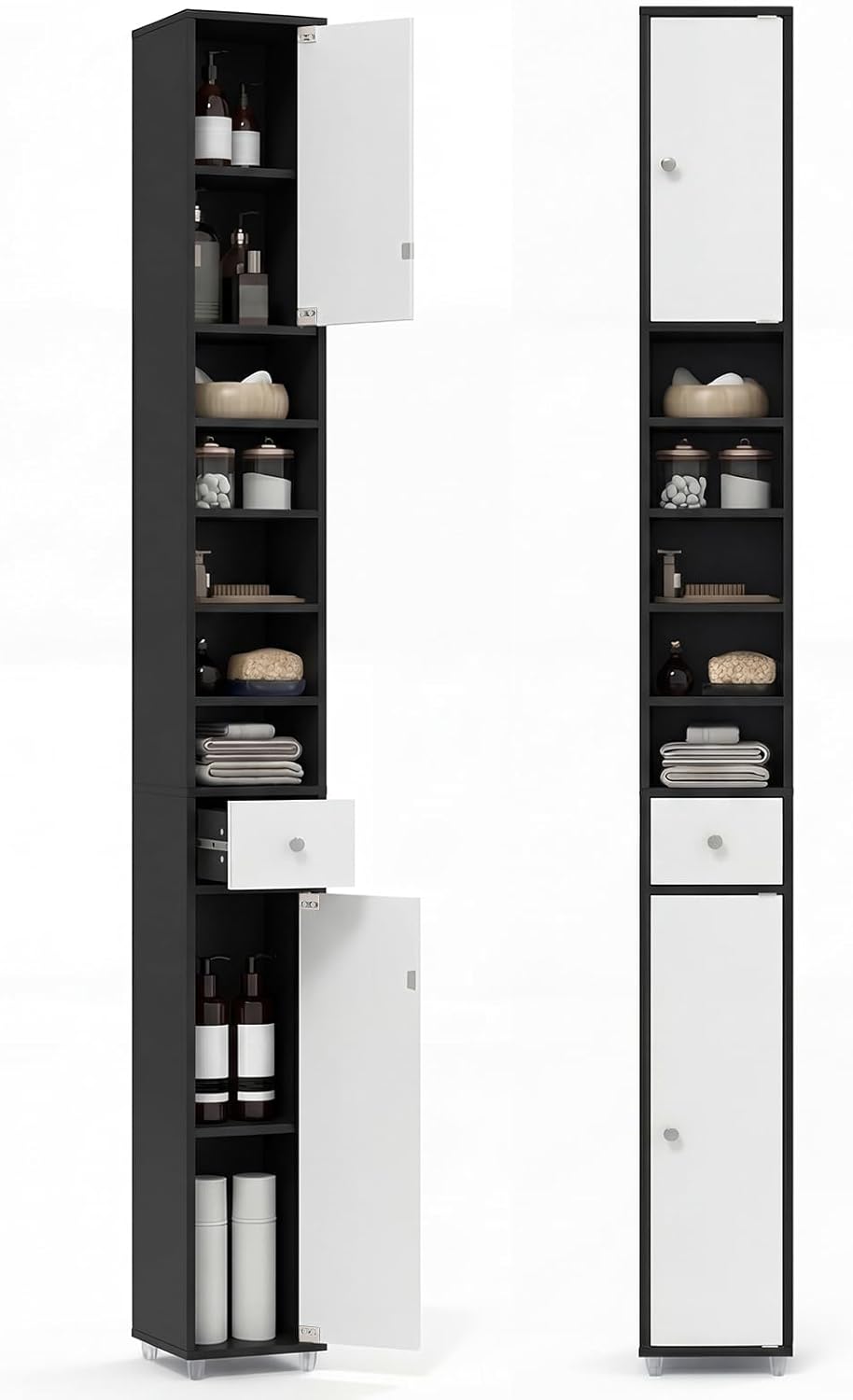 Tall Slim Bathroom Storage Cabinet Drawer Shelves Black White