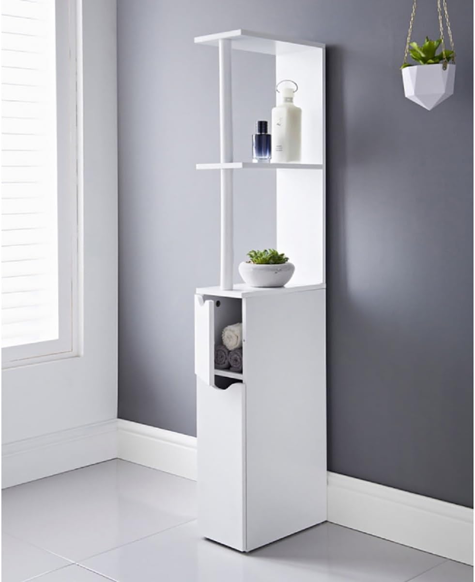 Slim Tall Bathroom Storage Cabinet 2 Doors 2 Shelves White