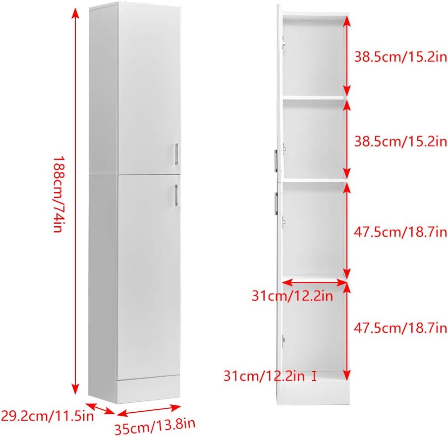 Tall High Gloss Storage Cabinet White 2 Door 4 Shelf Unit