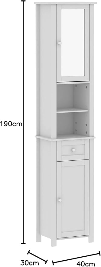 Tall Mirrored Bathroom Cabinet White Drawer Storage Unit