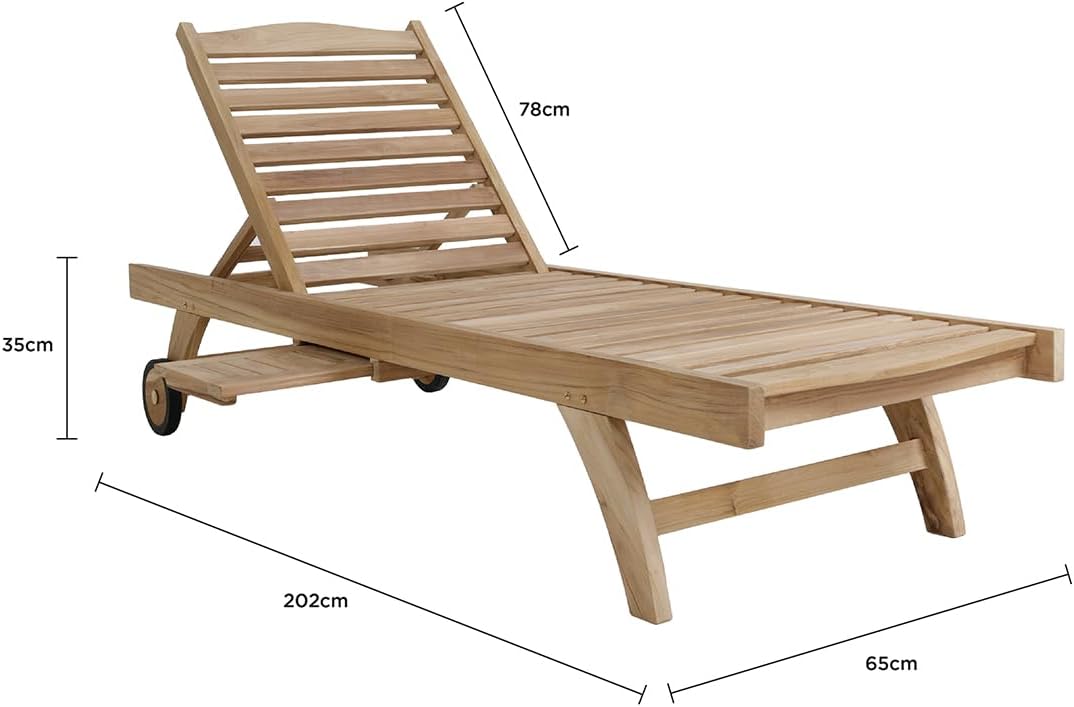 Teak Sun Lounger Wooden Recliner with Wheels Table