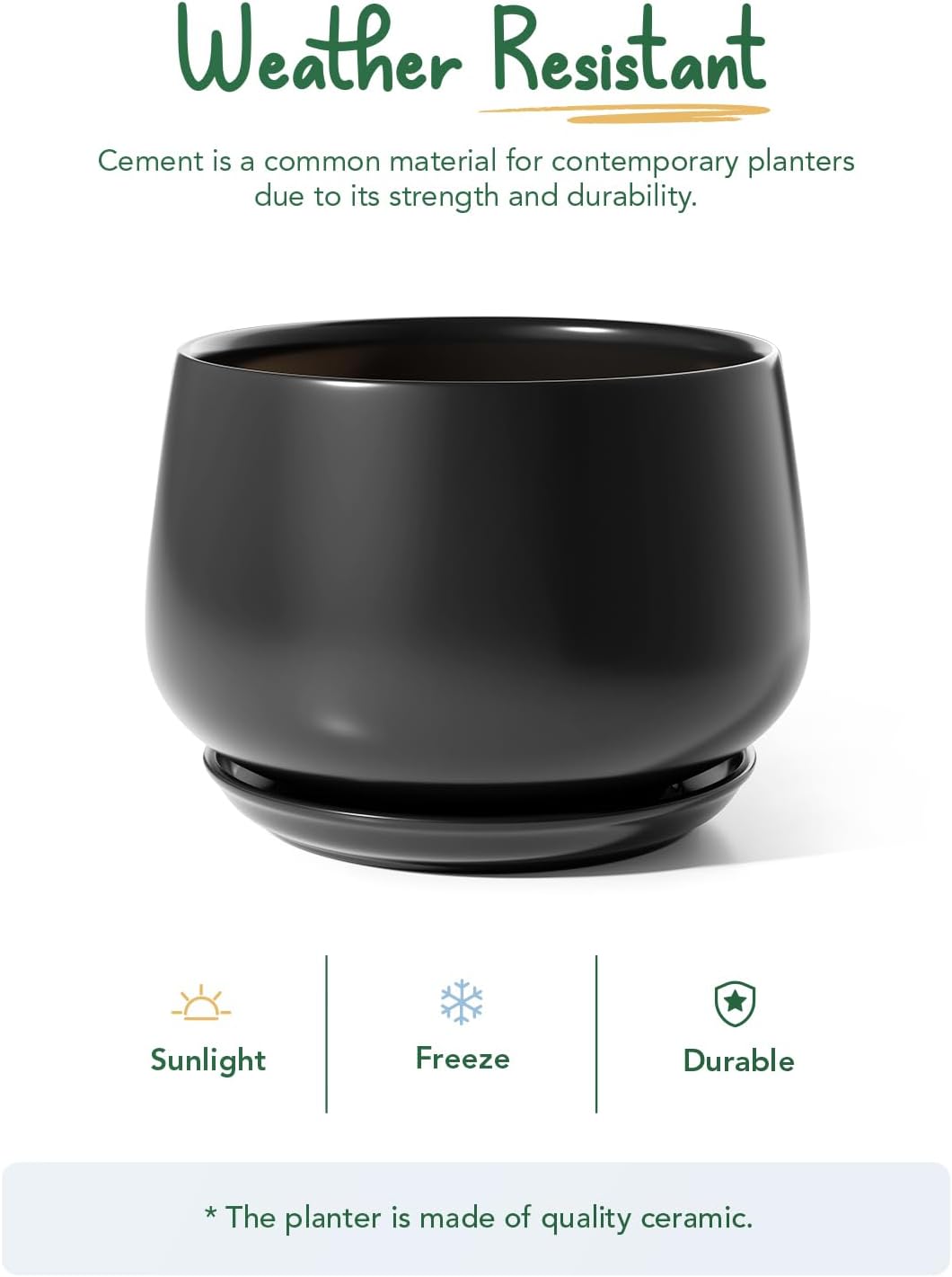 30cm Black Ceramic Plant Pot Large Planter with Drainage Saucer
