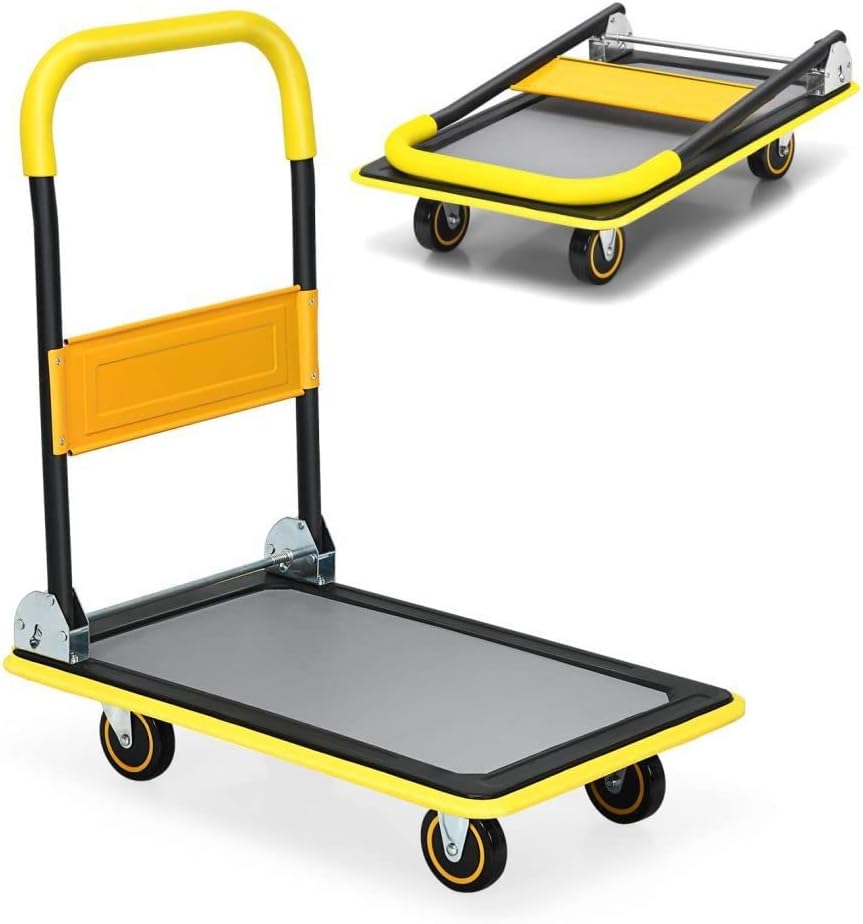 Folding Push Cart Dolly 150KG Flatbed Trolley Yellow