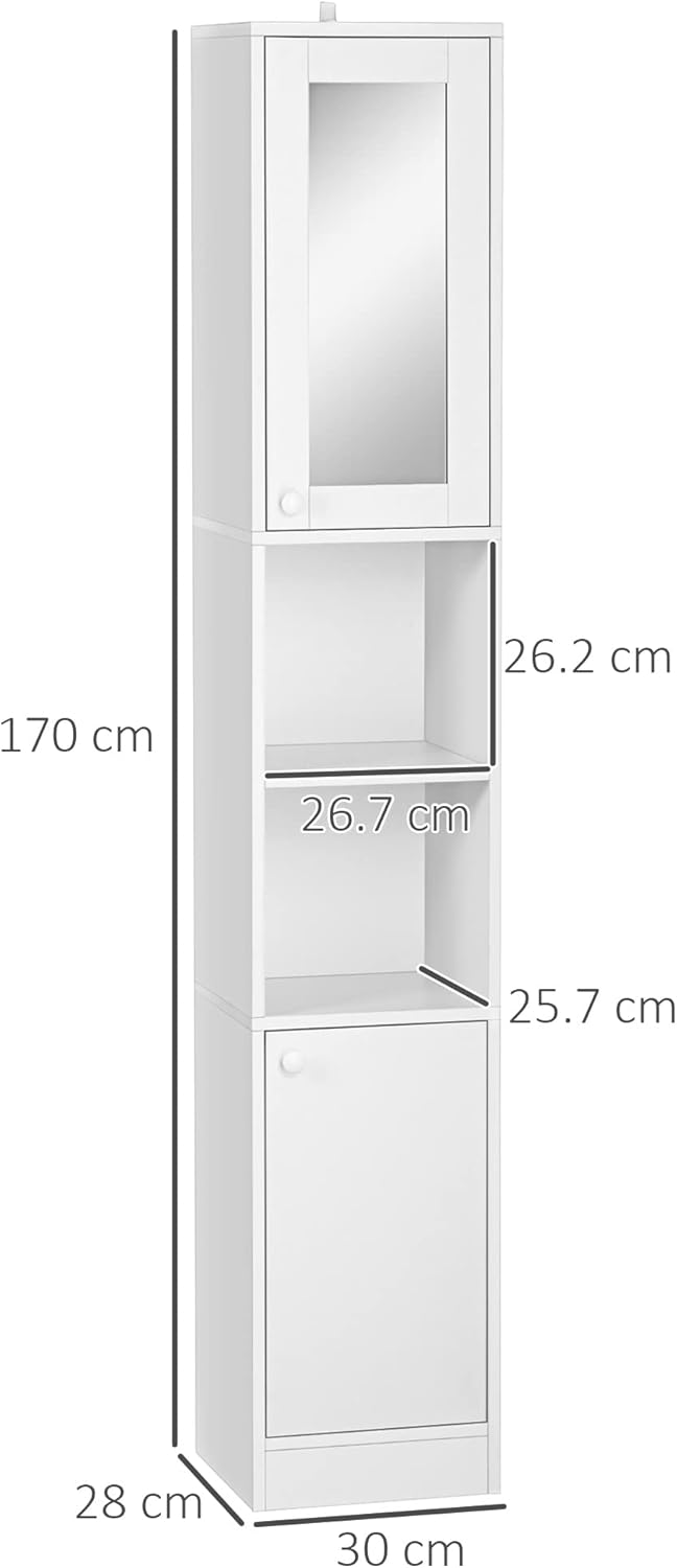 Tall Bathroom Storage Cabinet with Mirror Slim Freestanding White
