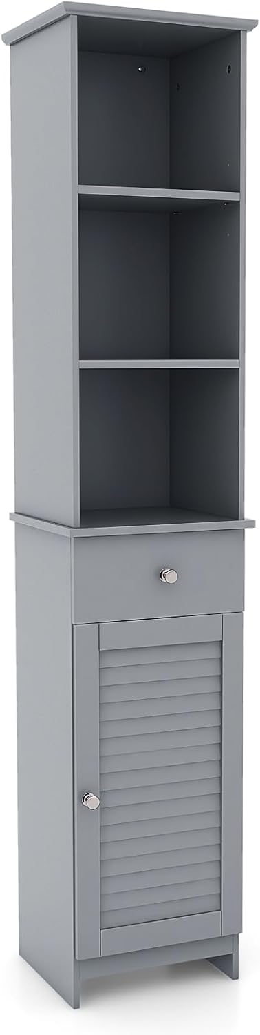 Slim Bathroom Tall Cabinet Drawer Door Shelf Unit Grey