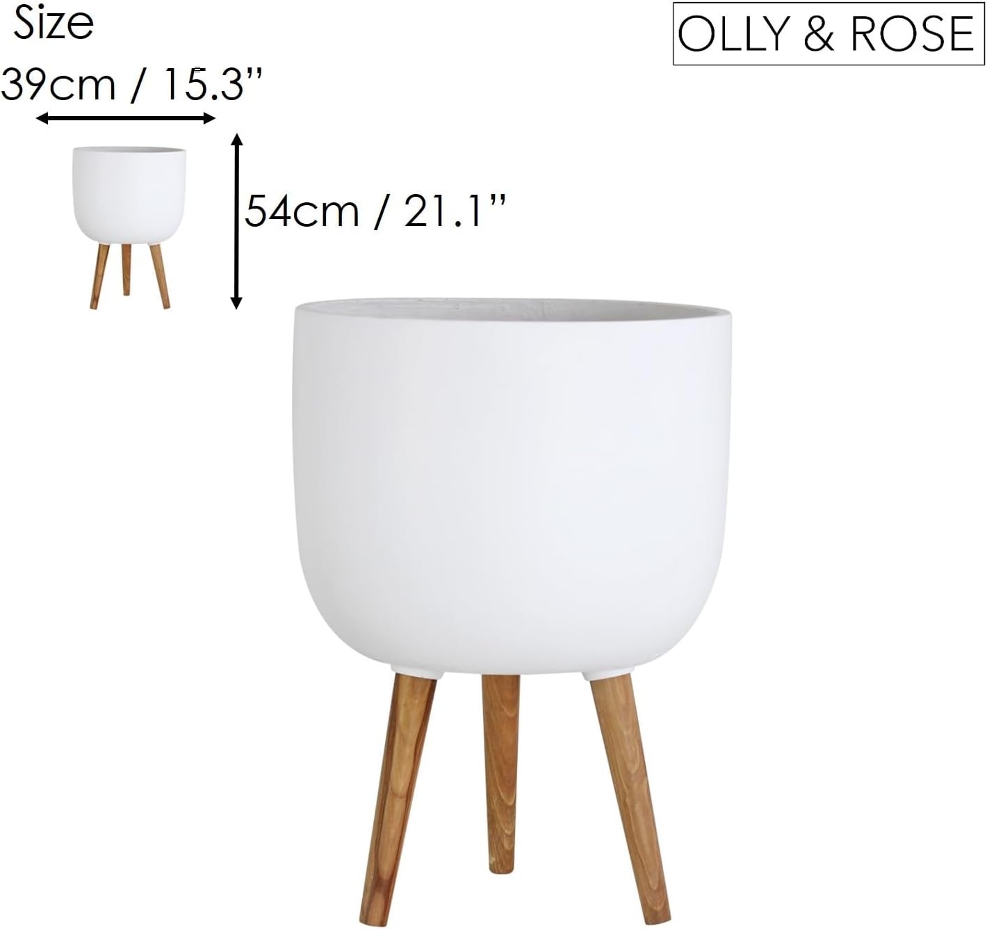 White Plant Pot with Stand 38cm Large Planter Hardwood Legs