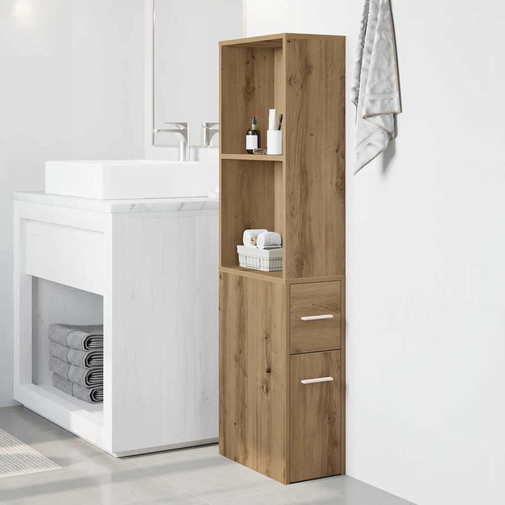 Narrow Bathroom Cupboard With Wheels Drawer Shelf Oak Unit