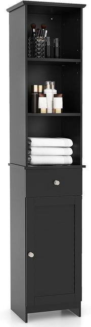Slim Bathroom Tall Cabinet Drawer Shelf Cupboard Black