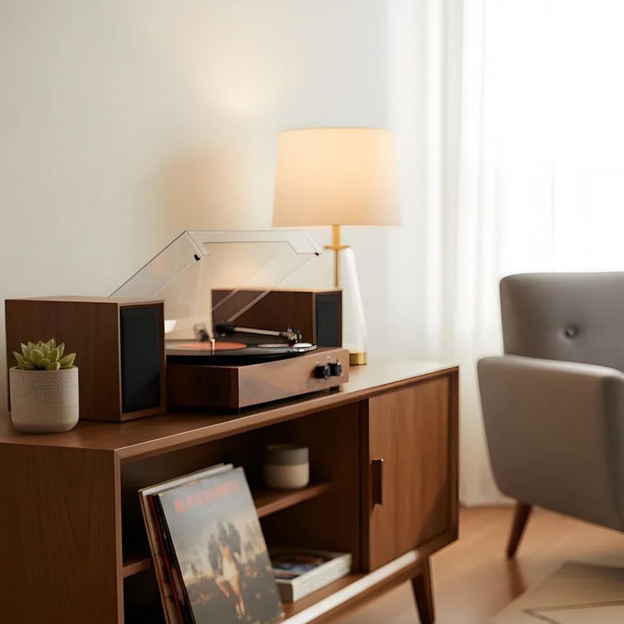 Stereo Record Player with Dual 10W Speakers Bluetooth Walnut
