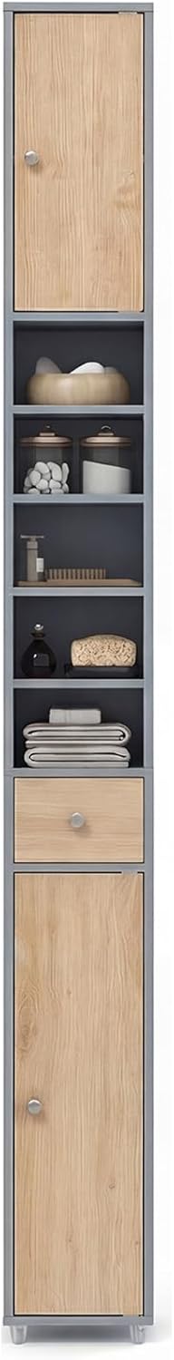 Tall Bathroom Storage Cabinet Slim Drawer Shelf Cupboard Grey Natural