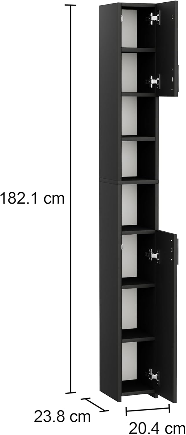 Slim Tall Bathroom Cabinet Black 2 Door Shelf Unit