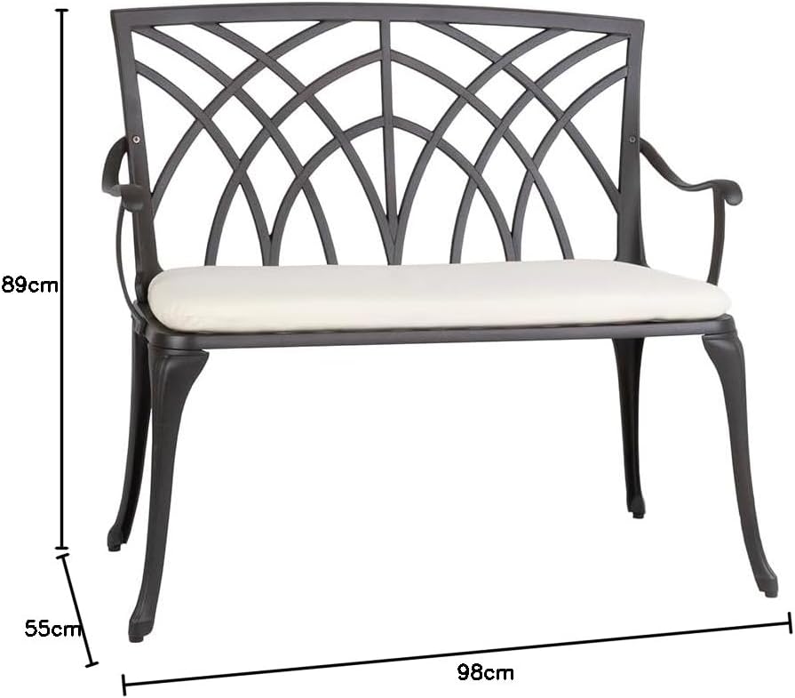 2 Seater Cast Aluminium Garden Bench with Cushion Bronze Patio Seat