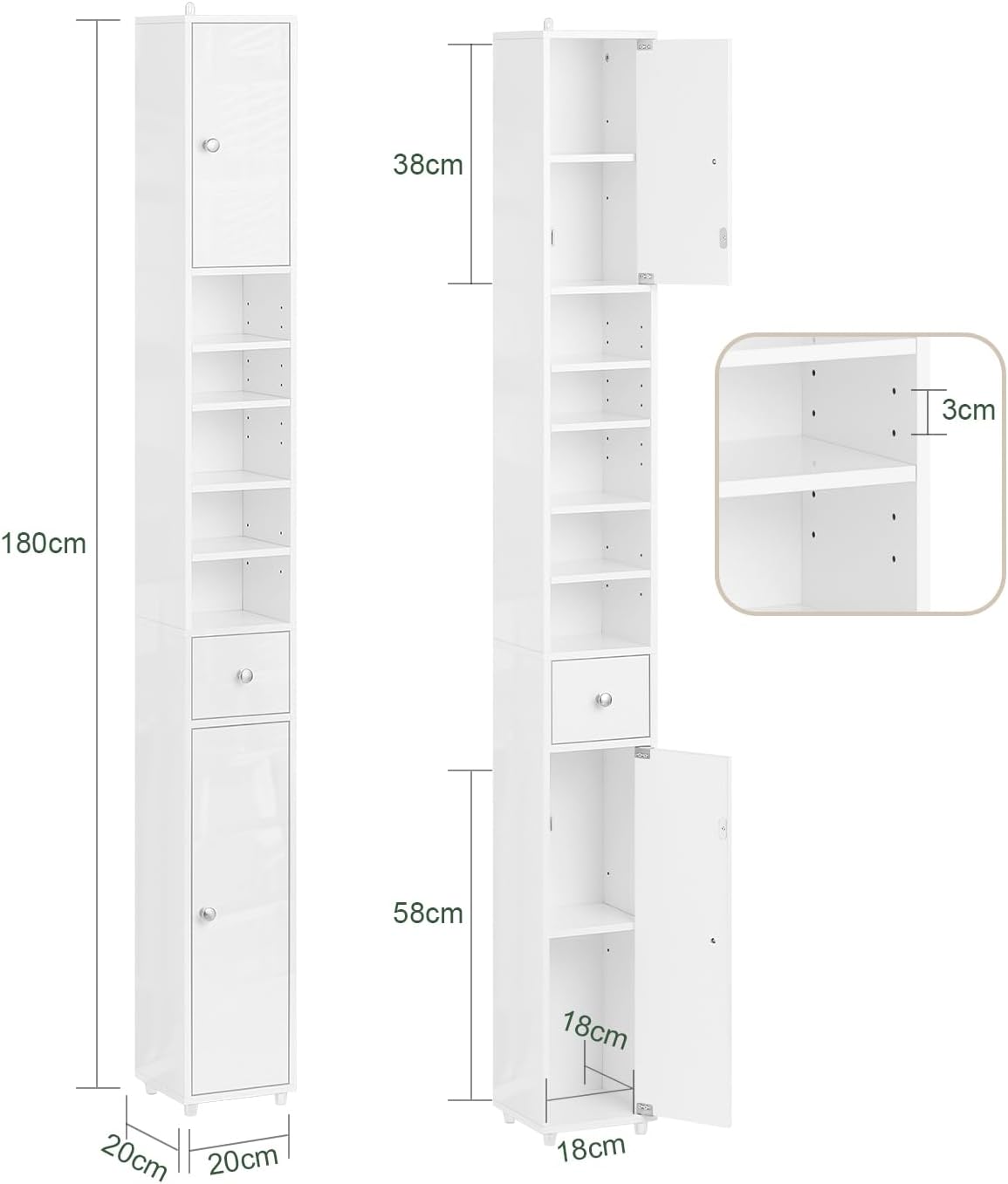 Slim Tall Bathroom Cabinet Gloss White 6 Shelves 180cm