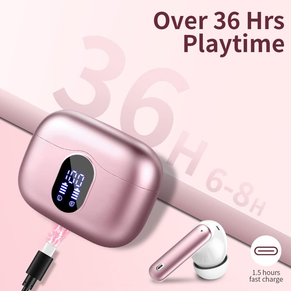 Wireless Bluetooth 5.3 Earbuds ENC Mic Deep Bass 36H LED Case