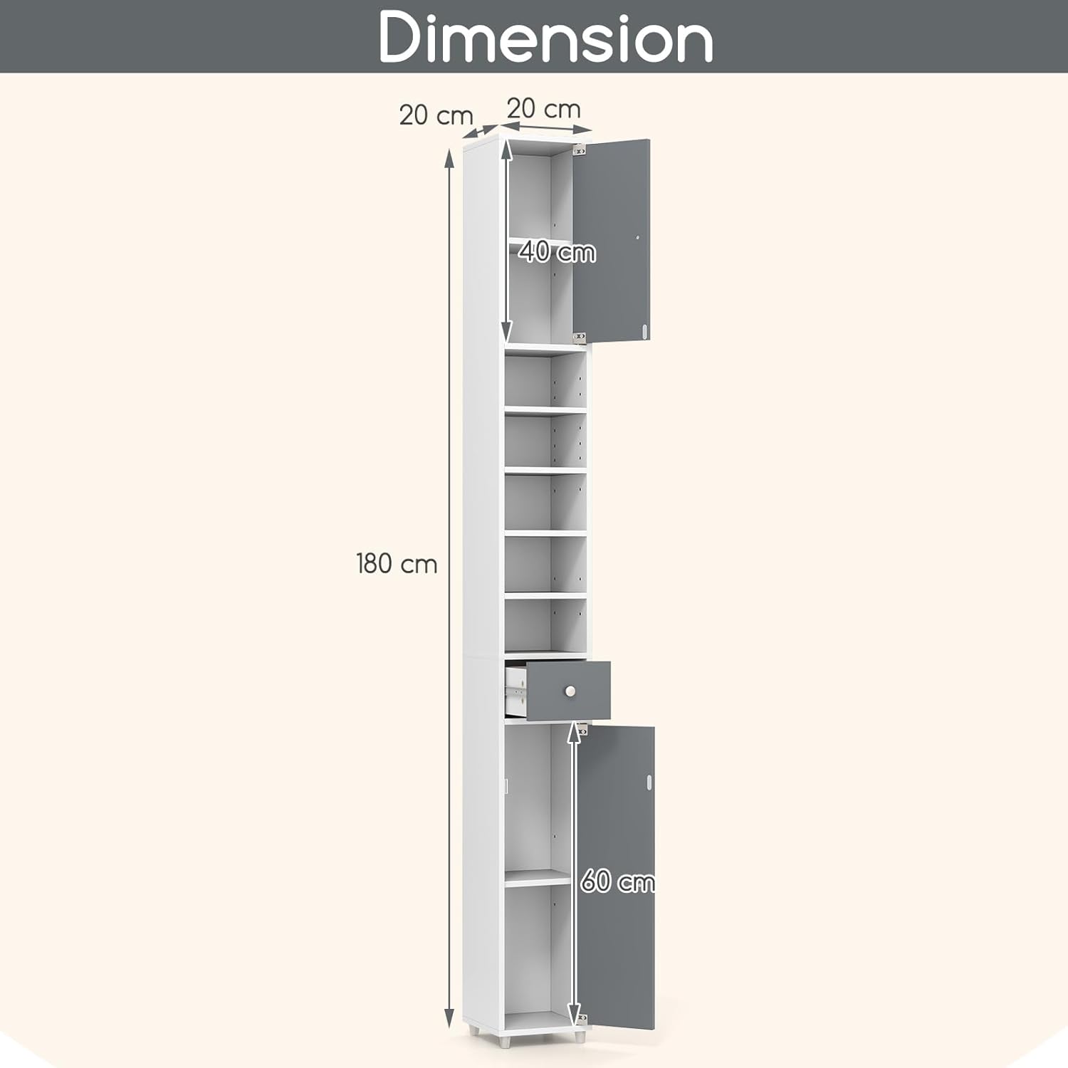 Tall Slim Storage Cabinet Grey White Drawer Shelf Unit